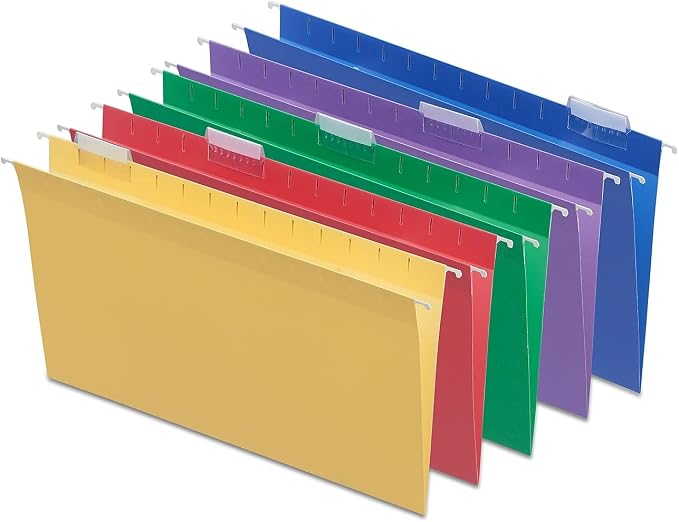 Staples Heavy Duty Hanging File Folders - Legal Size, 1/5-Cut Tabs, Assorted Colors, Tear-Resistant, 25/Box