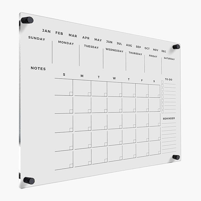 Acrylic Dry Erase Wall Calendar - Reusable Family Planner, Housewarming Gift, Horizontal Monthly Organizer Board (Black Standoff, 24"x18")