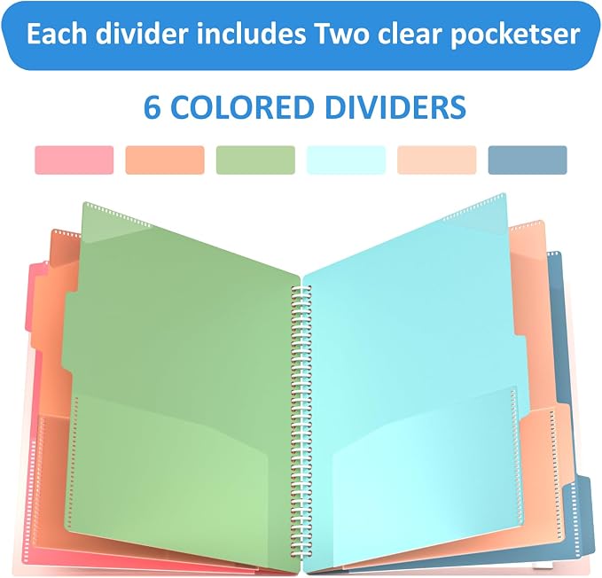 12 Pocket Project Organizer, 6 Color Letter Size Spiral Multi Pocket Folder Organizer, 1/6-cut Tab Poly File Organizer Binder with Dividers,Multi-Subject Notebook Binder School Office Supplies