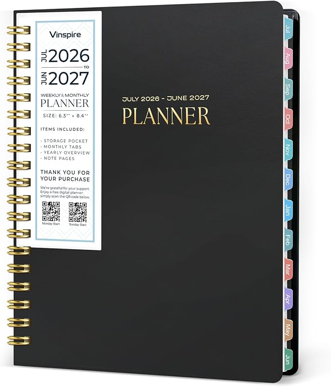 Vinspire 2026 Planner - Yearly, Monthly, and Weekly Planner 2026-2027 for Teachers & Students - Spiral US Academic Year Student Calendar Planners with Notes Pages 2026 Planner Weekly and Monthly - Small (Black, 6.3“×8.4”)
