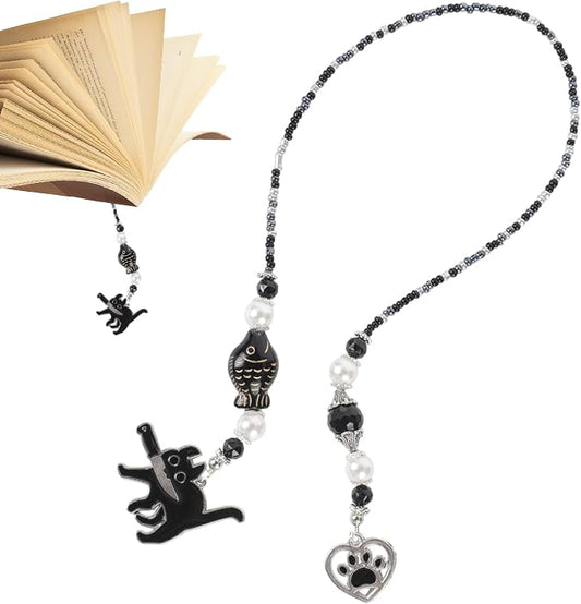 Black Cat Beaded Bookmark - Fantasy Cute Cats Crystal Bead Chain Bookmark, Catchain Pendant, Book Marks Gifts for Books Lovers Students Teacher Office School Supplies