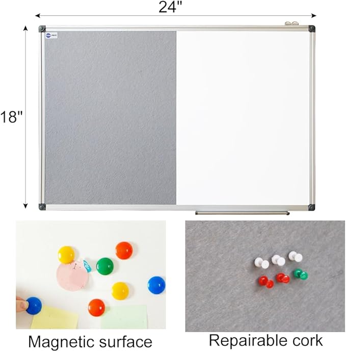 White Board and Cork Board Combo - 24 x 18 Inches Large Dry Erase Whiteboard and Bulletin Board, Magnetic Wall Pin Display Board for Home, Classroom & Office, 18"x24" Grey
