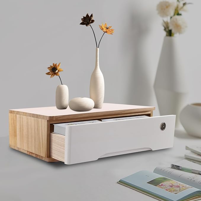 Wooden Desktop Storage Box with Lockable Drawers, Flat File Cabinet Drawer Desktop Storage Box, Countertop Storage Cabinet for Office Home Toiletries Supplies Vanity (natural wood+white, 1 Drawer)
