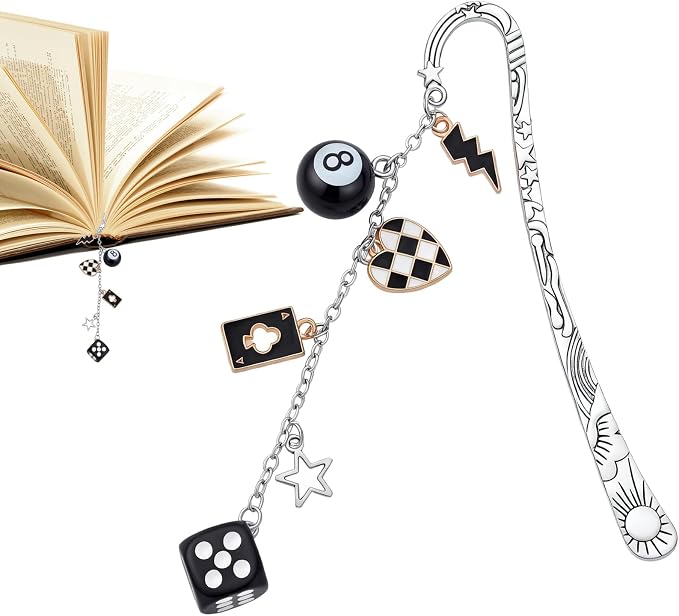 Personalized Metal Bookmark Gifts - Silver Y2K Aesthetic Bookmarks for Women Men Book Lovers Dice 8 Ball Charm Pandent Page Marks School Reading Accessories Bookish Birthday Graduation Gift