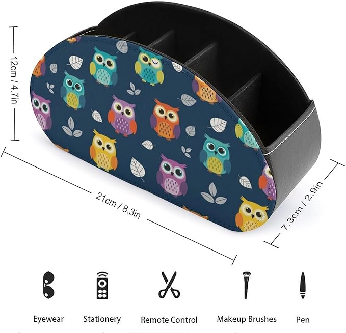 Desk Organizer and Remote Holder, 5-Compartment PU Leather Storage Box for TV Controllers, Office, and Home Supplies, Cute Owl