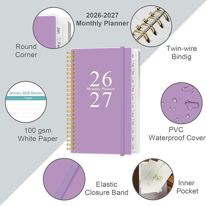 2026-2027 Monthly Planner - January 2026 - June 2027, Two Pages Per Month, 18 Monthly Calendar/Planner with Tabs, Strong Twin-Wire Binding, Inner Pocket, 3.75" x 6.5", Purple