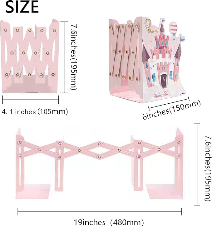 Adjustable Metal Bookends Heavy Duty for Shelves, 2 Dividers, Anti-Slip Design, Castle Style Expandable Bookends for Kids, Girls, Desk, Office, Home(19 inches Max)