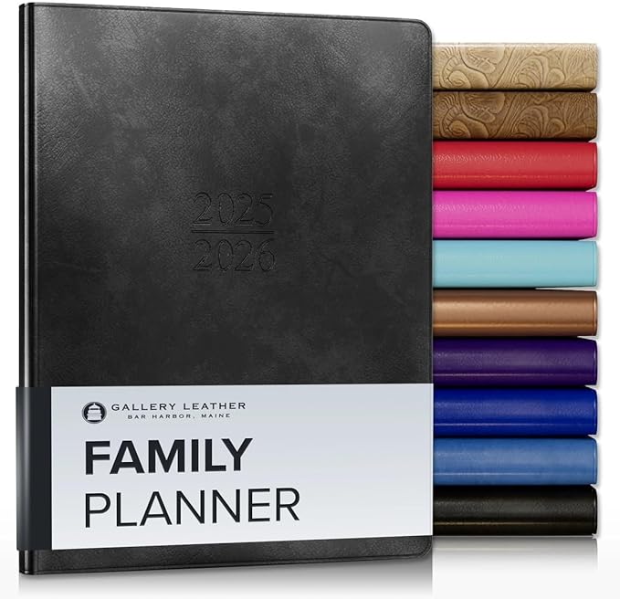 Gallery Leather Family Planner 2025-2026, for moms, Elegantly Bound Calendar Planner and Notebook with Stylish White Page Edges, 18 Months - Acadia Black - 9 x 7 "