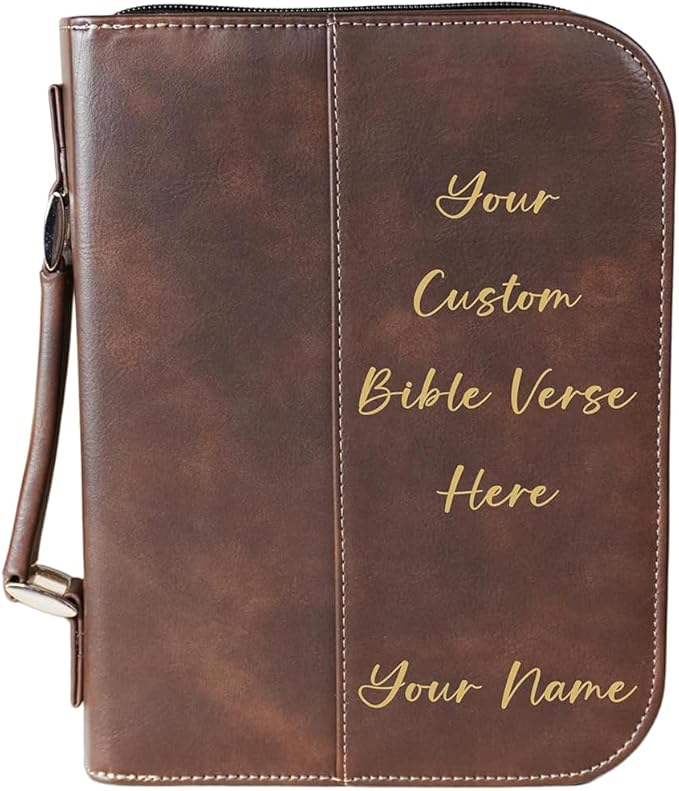 Personalized Vegan Leather Zippered Bible Cover – Custom Engraved Scripture Journal Case with Handle, Pen Holder & Pocket – Fits Large & Medium Bibles
