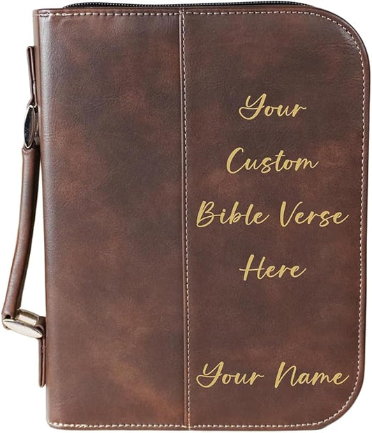 Personalized Vegan Leather Zippered Bible Cover – Custom Engraved Scripture Journal Case with Handle, Pen Holder & Pocket – Fits Large & Medium Bibles