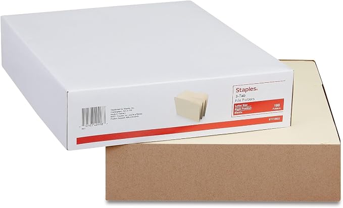 Staples File Folders, Letter Size, 1/3‑Cut Right‑Position Tabs, Manila, Durable Paper Stock, 100/Pack