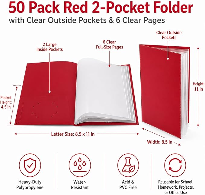 Ultra PRO - 50 Pack Red Heavy Duty 2-Pocket Folders with 6 Clear Internal Pages, Waterproof Poly Project Organizer for School and Office, Fits 8.5 x 11 Letter Size, Customizable Clear Covers