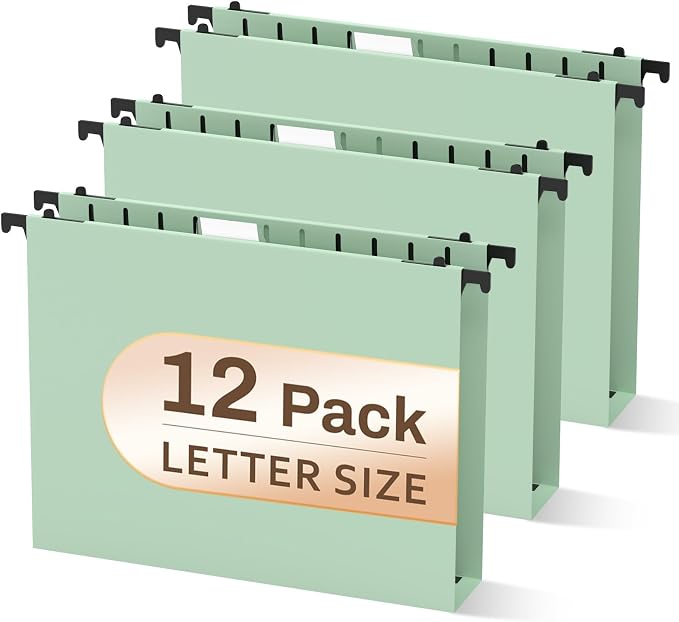 12 Pack 2 Inch Expansion Letter Size Hanging File Folders, Green File Folders Hanging, Hanging Folder with Adjustable Tab, Extra Capacity Filing Folders Hanging for School Office Supplies