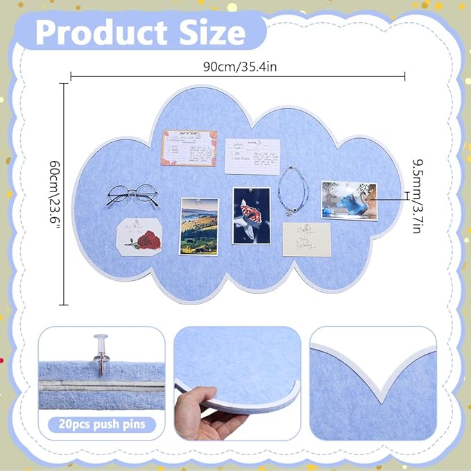 1Pcs Cute Bulletin Board for Walls, 35.4x23.6Inch Cloud Felt Pin Boards Self-Adhesive Vision Boards Decorative Pin Board for Wall Office Home Photos Memos Messages(Blue)