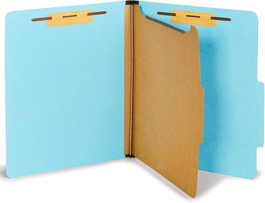 Staples Pressboard Classification Folder, Letter Size, 1 Divider, 2/5‑Cut Top Tab, Light Blue, Durable Construction, 20/Box