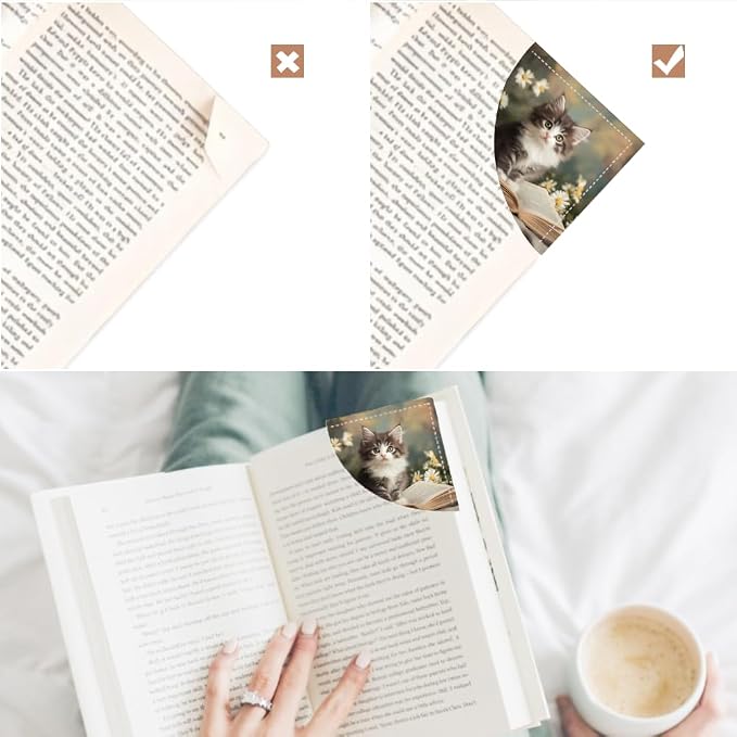 2PCS PU Leather Bookmarks 3.5x3.5 Inch Kitten Floral Book Design | PU leather bookmarks with kitten floral book design for novels, diary pages reading notes students, cat lovers and book fans.