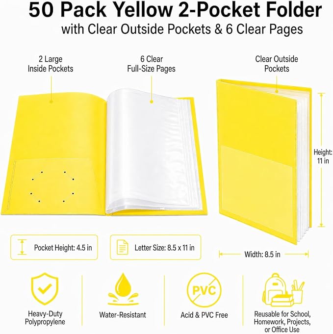 Ultra PRO - 50 Pack Yellow Heavy Duty 2-Pocket Folders with 6 Clear Internal Pages, Waterproof Poly Project Organizer for School and Office, Fits 8.5 x 11 Letter Size, Customizable Clear Covers