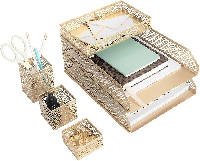 BLU MONACO | Gold Desk Organizer Set for Women 6 Piece | Mail Sorter Organizer Countertop with Letter Sorter for Desk | Steel Desktop Organizer with Mesh Pen Holders