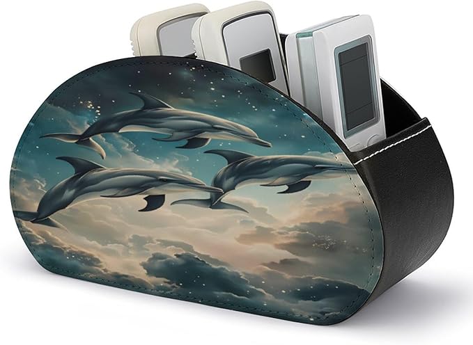Dolphin Starry Sky Galaxy Ocean Remote Control Holder with 5 Compartment PU Leather Multi Functional Desk Storage for TV Remotes Office Supplies