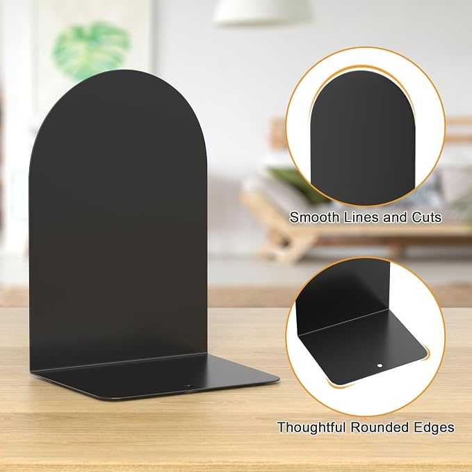 Bookends 1 Pair, Metal Round Bookends for Shelves, Book Ends for Desk, Book End to Hold Books, Book Stopper, Black Bookend for Home Office