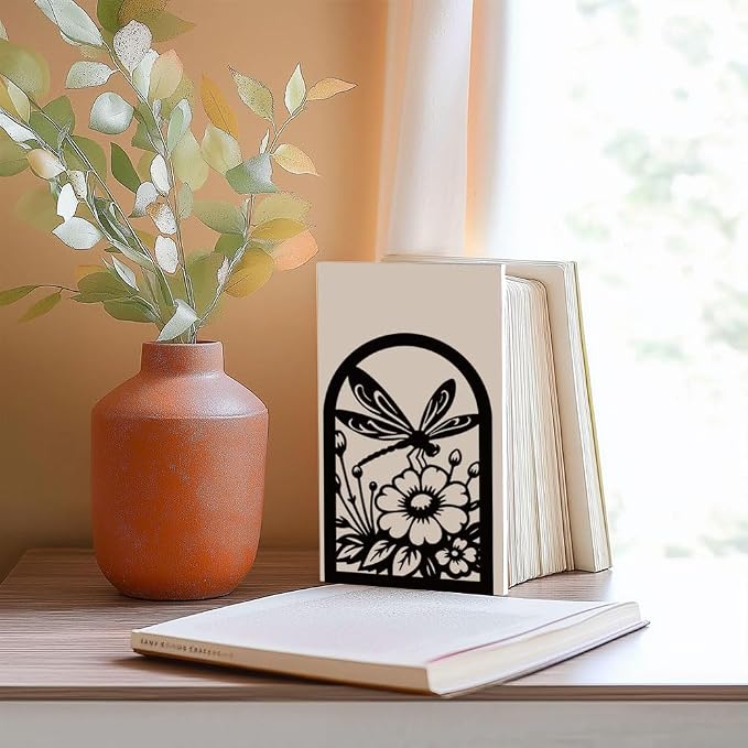 1 Pair Metal Bookends for Shelves, Dragonfly Book Ends Decorative for Heavy Books, Decorative Books Used on Desk, Shelf, Farmhouse for Small, Bookshelf Decor for Shelves Home and Office