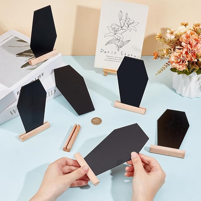 BENECREAT 16Sets Black Wood Tabletop Chalkboard, 6.1x3.1 Inch Coffin Shape Blackboard with Stand for Buffet, Message Board Signs for Halloween Weddings Parties