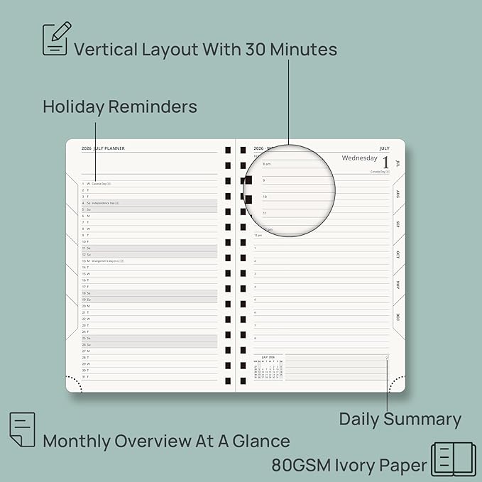 POPRUN 2026-2027 Daily Planner One Page Per Day, 5.75" x 8.5", Academic Daily Calendar Book with July 2026 to June 2027, Hardcover Appointment Book with Hourly Time Slots, Spiral Bound, Monthly Tabs - Navy Blue
