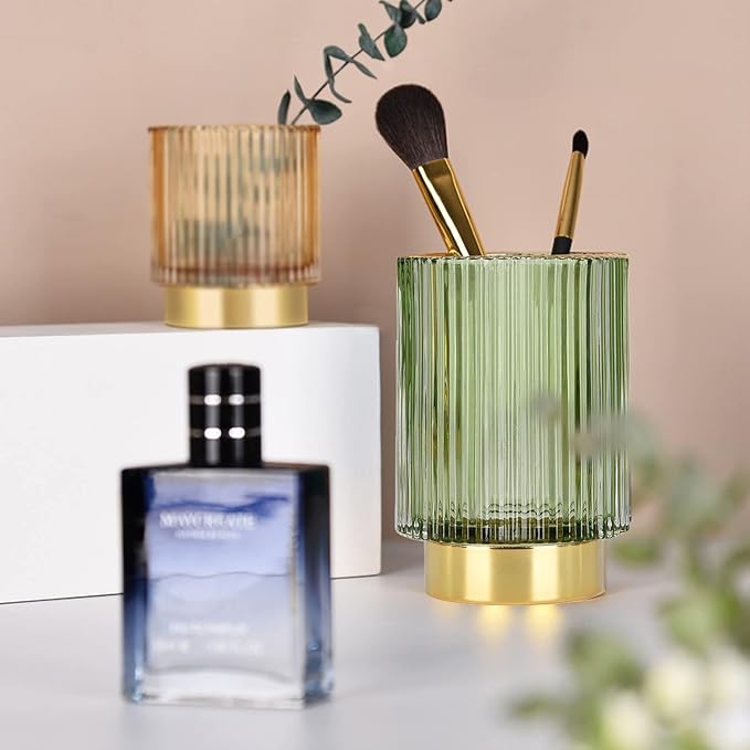 Thick Glass Pen Pot Cute Decorative Pencil Holder Cup for Desk Makeup Brush Holder for Home Office (Green)