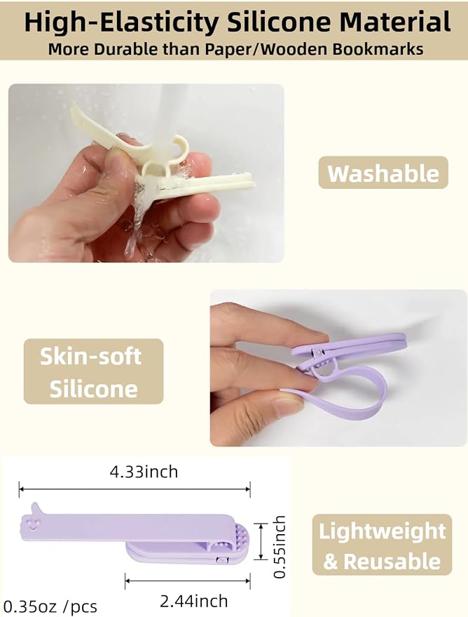 [6 Pack] Automatic Bookmark with Clip & Pen Holder Slot, Silicone Smart Bookmarks with Smiley Thumb Design, Unique Reading Accessories Gifts for Book Lovers, Women, Men, Students