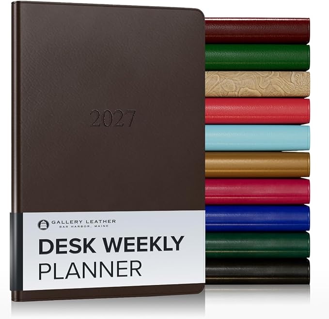Gallery Leather Desk Weekly Monthly Planner 2027, Elegantly Bound Calendar Planner and Notebook with Stylish Gold-Gilded Page Edges, 12 Months - Freeport Mocha - 8x5.5"