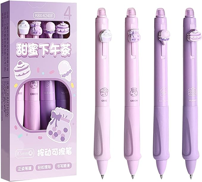 YYaaloa 4pcs Cute Retractable Erasable Gel Pens Fine Point 0.5mm Black Inks Make Mistakes Disappear for Writing Planner and Crossword Puzzles (Purple, Black)