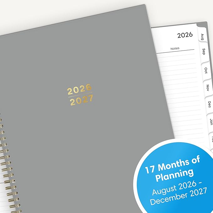 Blue Sky 17 Month 2026-2027 Weekly and Monthly Academic Year Planner Calendar, August 2026 - December 2027, 8.5" x 11", Flexible Cover, Wirebound, Laminated Tabs, Silver Metallic