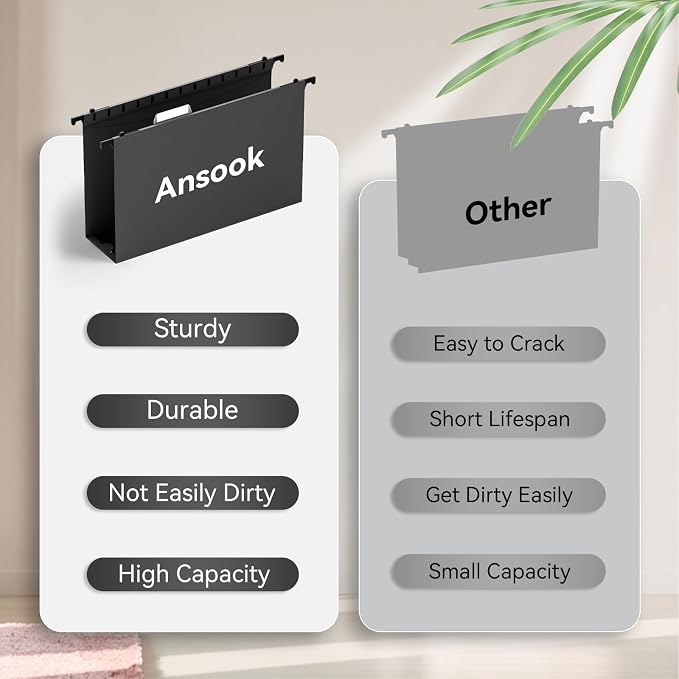 Ansook Plastic Legal Size Hanging File Folders, 12 Pack Black Legal Size File Folders, Heavy Duty 3 Inch File Folders Hanging with Tabs, Hanging File Folder Organizers for Office Home School