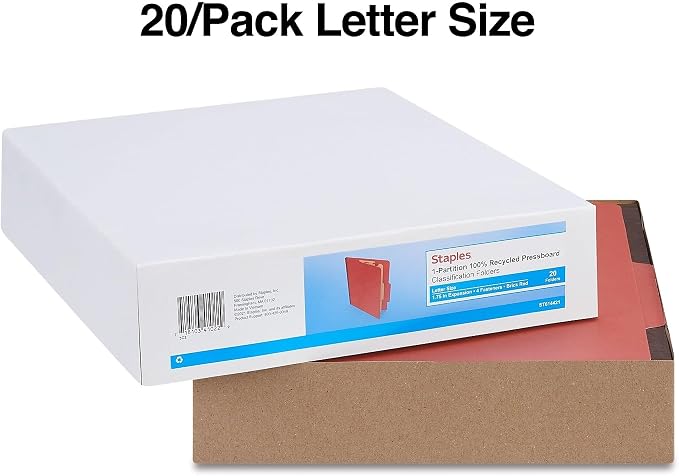 Staples Colored Pressboard Classification Folder, Letter Size, 1 Partition, Red, Durable Construction, 20/Pack