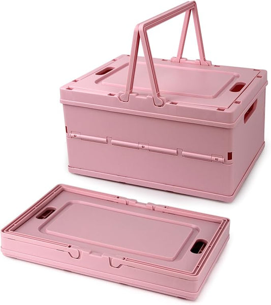 Collapsible Storage Crate, Foldable Plastic Basket with Lid and Handle, Foldable Storage Box Crate Bin for Home Kitchen Office Bathroom Bedroom Pantry (Pink, 2-Pack)