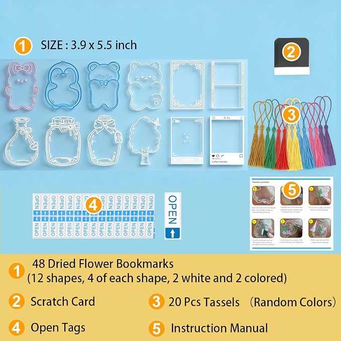 YCOSAN 70 Pcs Dried Flower Bookmark Kit, DIY Transparent Thousand Flower Bookmarks, Handmade Clear Bookmark Page