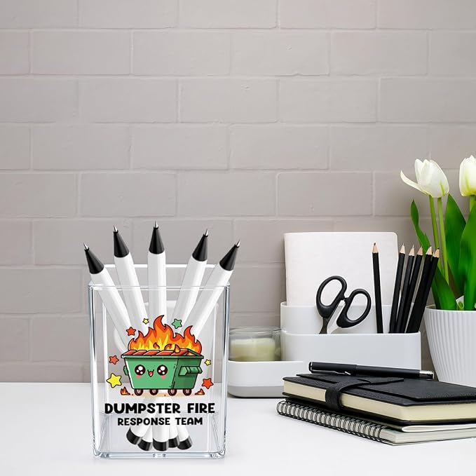 Funny Dumpster Fire Desk Accessories Dumpster Fire Gifts Office Desk Pencil Holder for Women Men Manager Coworker Administrative Professional Boss Day Gifts Acrylic Pen Holder Pencil Pen Cup