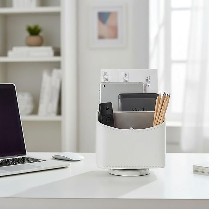UnionBasic Rotating Desk Organizer, 360 Desk Spinning Caddy, Desktop TV Guide/Mail/Media/Remote Controller Holder Organizer,White