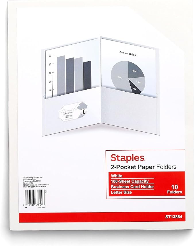 Staples 10% Recycled Smooth 2‑Pocket Paper Presentation Folders with Fasteners, Letter Size Project Folders for Office & School, White, 10‑Pack