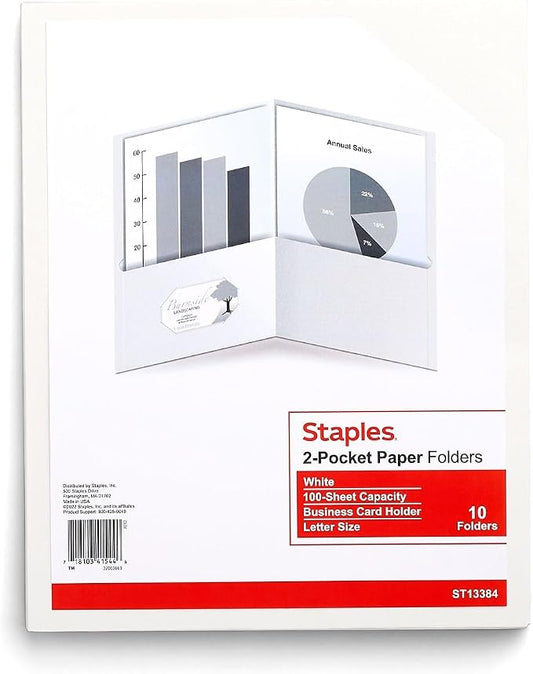 Staples 10% Recycled Smooth 2‑Pocket Paper Presentation Folders with Fasteners, Letter Size Project Folders for Office & School, White, 10‑Pack