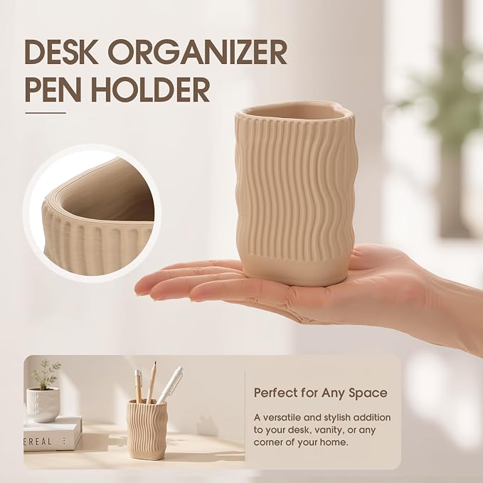Aesthetic Desk Organizer Boho Pen Holder Modern Pencil Holder Beige Plastic Makeup Brush Organizer for Office Desk Accessories Stylish Home Office Art Decor Supplies(Stylish)
