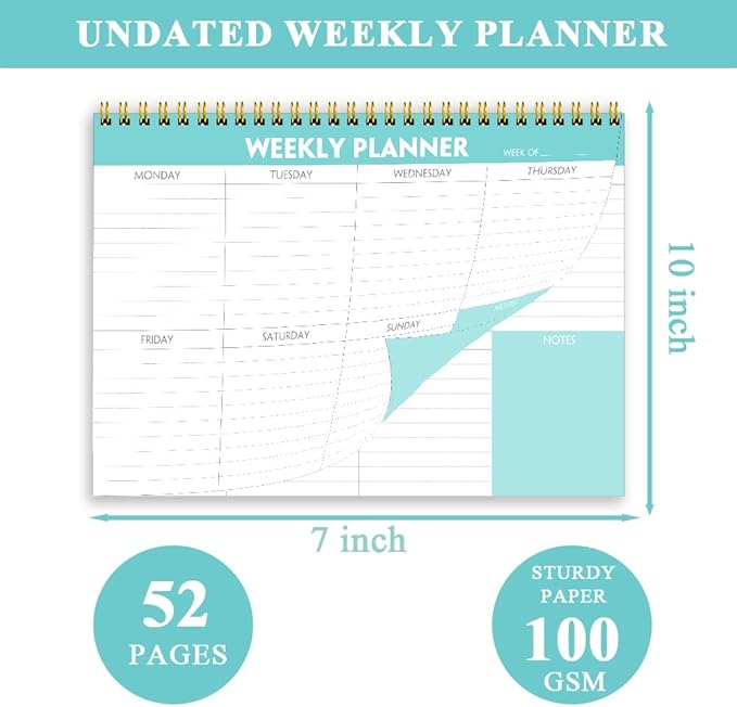 Weekly Planner Notepad - 7" x 10" Weekly Pad Organizers Habit Tracker Journal for Man & Women, 52 Sheets, 100gsm Paper, Undated Weekly To Do List Notepad with Your Life, Teal