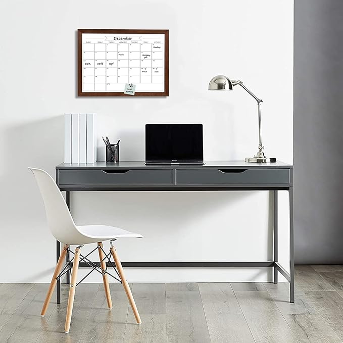 Dry Erase Monthly Calendar Whiteboard, Magnetic White Board for Wall, Office/School/Home, Solid Pine Wood Walnut Brown Frame Hanging Board 10.6"x 14.6"(YL-WB-2737-B)