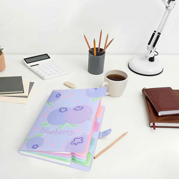 Cute Expanding File Folder Fruit Series - 5 Pockets Accordion Document Organizer, Waterproof Poly Plastic, A4/Letter Size for School Office Home (Blueberry)