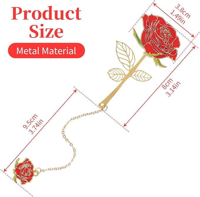 Bewudy Red Rose Bookmark with Flower Pendant, Metal Book Page Holder for Reading Lovers, Unique Gifts BookMarkers for Women, Her, Mom, Librarian, Teacher Book Lovers