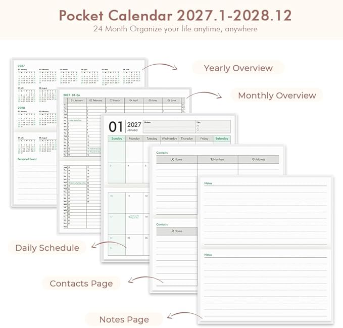 Pocket Calendar 2027-2028 for Purse, Small Pocket Planner 2027-2028 for Purse 3.5×6.5In, 24 Month Organizer from Jan 2027- Dec 2028 Mini Planner with Pvc Cover for Organizing & Planning