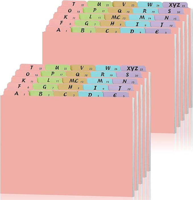 2 Set 50 Pcs Alphabet File Dividers A-z Top Tab Guides Set, Letter Size Filing Organizers 1/5 Cut Alphabetical File Folder Tabs for Home, Office, School(Pink)