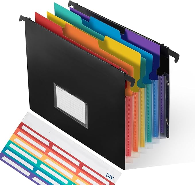 7-Pockets Hanging File Folder with Retractable Hooks for Filing Cabinet, 2 in 1 Expandable Accordion File Organizer with Elastic Band for File Frame or On-The-Go Use (1 Pcs)