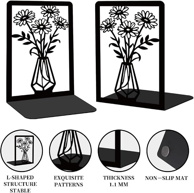 BEUNITONE Daisy Book Shelf Decorative Bookends for Shelves, Non-Slip Book Ends for Heavy Books, Flower Shelf Metal Bookends for Desk Organizer, Office Library Decor Decorative Books for Home Decor