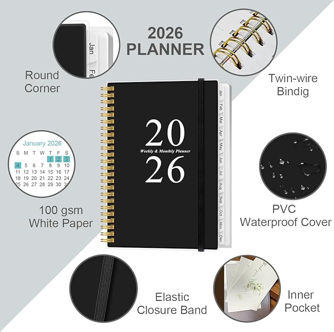 2026 Planner - A5 Weekly & Monthly Planners Spiral Bound, January 2026 - December 2026, 2026 Planner with Flexible Cover, Tabs, Inner Pocket, 6.4" x 8.5", Black